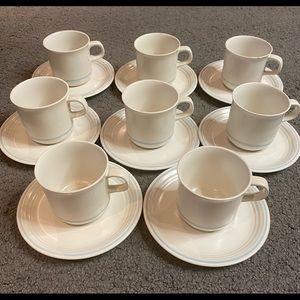 Genuine Stoneware Coffee Tea Cups Mugs Saucer Set of 8 Blue Rim